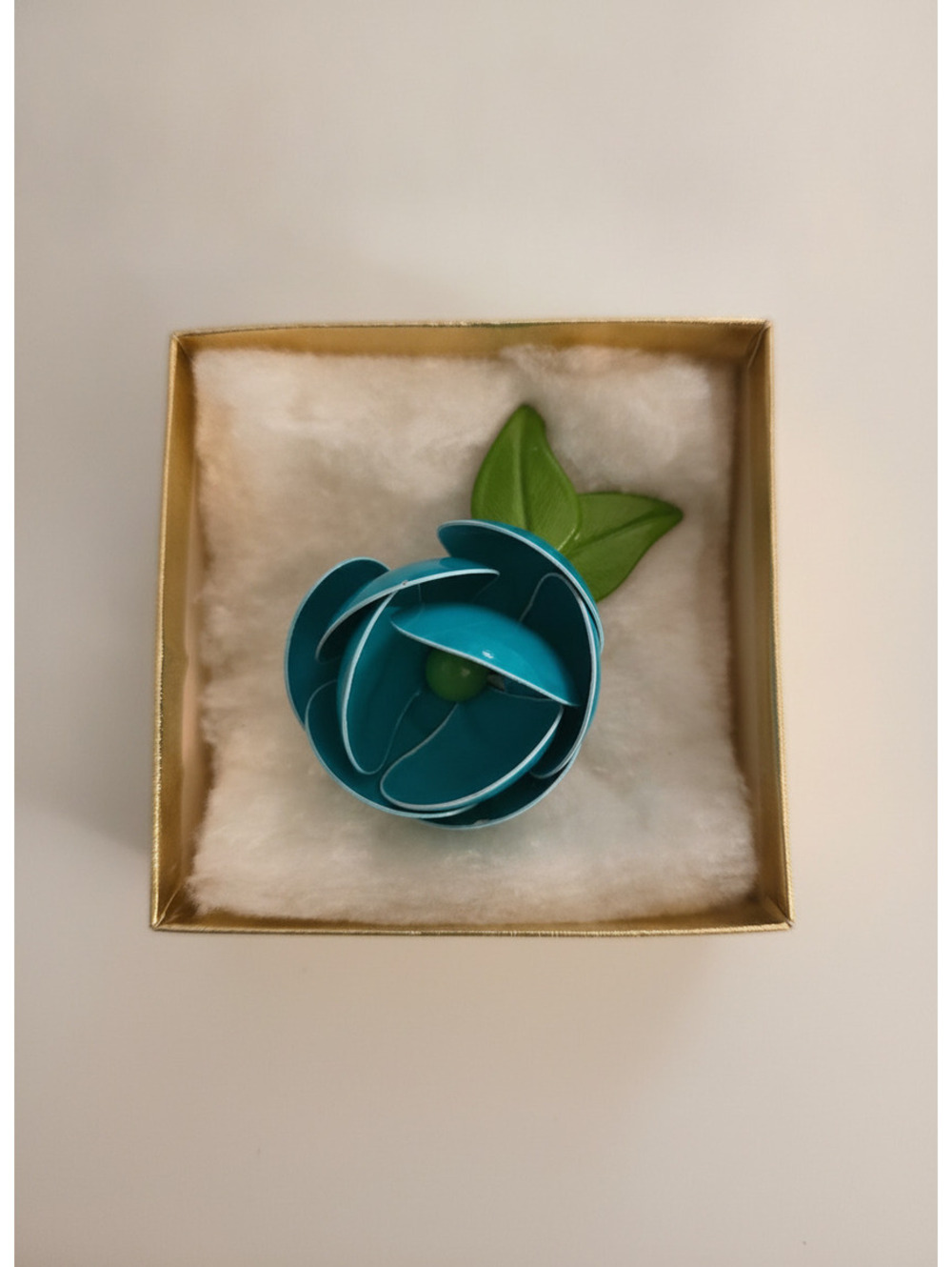Vintage Blue Flower Brooch with Green Leaves Pin